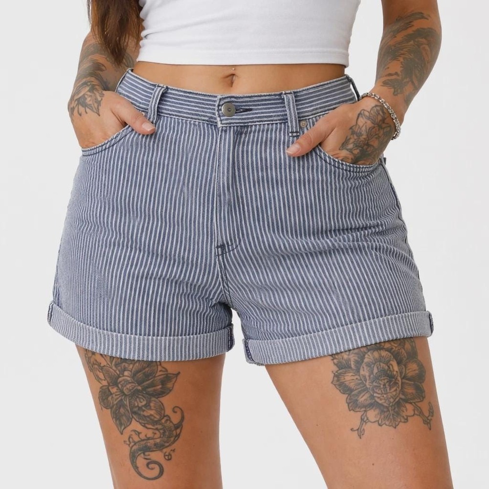 Y2k Vintage Striped Denim Shorts High Rise Cuffed Hem Plus Womens 22 Railroad